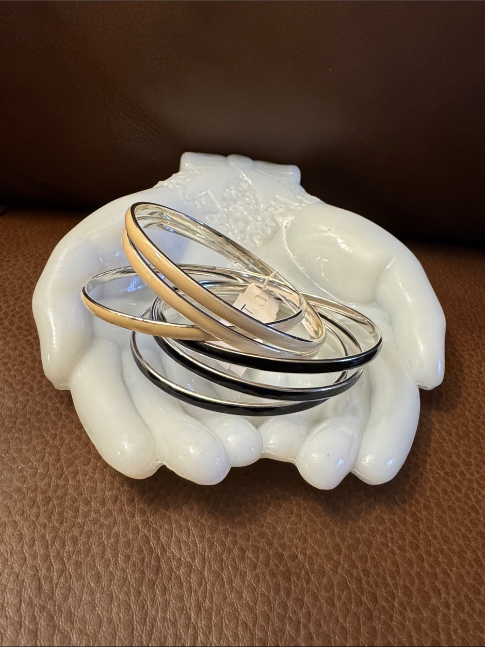 NWT Ann Taylor Loft thin black &cream enamel stack of bangles w/silver tone trim
